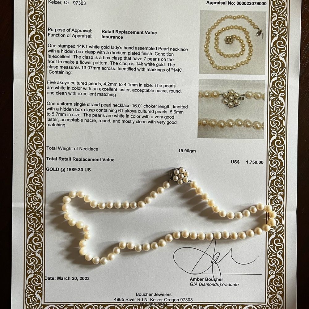 14k wht gold white Akoya pearl 16” choker necklace w/flower clasp, appraised